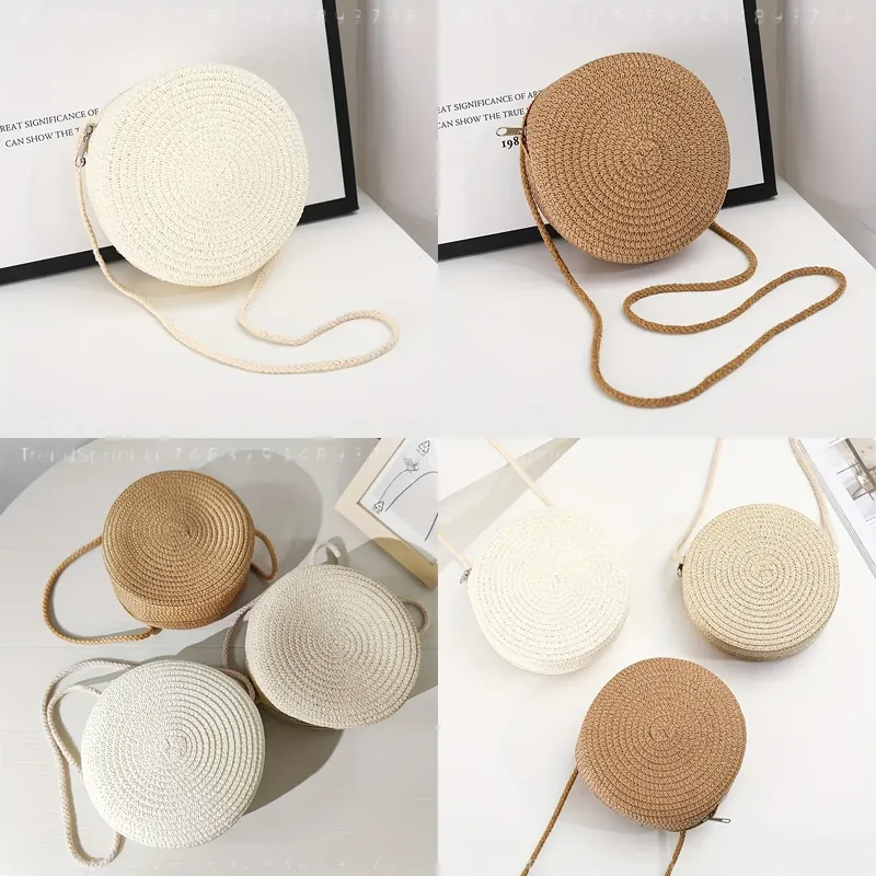 Women Bags Purses - Runde Geflochtene Rattan-Umhängetasche für Damen, Handgefertigte
